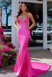 Vestido de fiesta largo de satén de sirena fucsia con abalorios