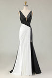 Vaina Vestido de Gala Largo Blanco y Negro con Escote en V Profundo