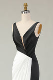 Vaina Vestido de Gala Largo Blanco y Negro con Escote en V Profundo