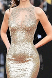 Vestido de gala largo de lentejuelas de lentejuelas con cuello redondo dorado