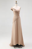 Vestido formal largo de talla grande con pliegues caqui ligero de un solo hombro