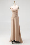 Vestido formal largo de talla grande con pliegues caqui ligero de un solo hombro