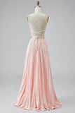 Vestido de fiesta con cuello en V plisado rosa de una línea con abertura