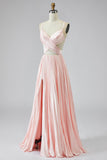Vestido de fiesta con cuello en V plisado rosa de una línea con abertura