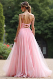 Elegante vestido de dama de honor de gasa plisada con cuello en V de color rosa A Line