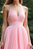 Elegante vestido de dama de honor de gasa plisada con cuello en V de color rosa A Line