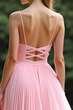 Elegante vestido de dama de honor de gasa plisada con cuello en V de color rosa A Line