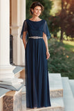 Vestido de gasa A Line Capelet azul marino madre de la novia con cintura de cuentas