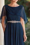 Vestido de gasa A Line Capelet azul marino madre de la novia con cintura de cuentas