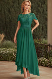 Vestido de Novia Asimétrico Madre de la Novia de Encaje Verde Oscuro con Manga Corta