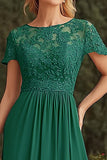 Vestido de Novia Asimétrico Madre de la Novia de Encaje Verde Oscuro con Manga Corta
