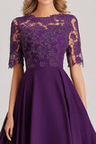 Vestido de encaje A Line morado madre de la novia con mangas cortas