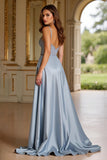 Vestido de fiesta largo de lentejuelas con tirantes de espagueti azul empolvado brillante con abertura