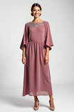Vestido Madre de la Novia Madre de la Novia de Gasa Malva Vintage Mangas 3/4 con abalorios