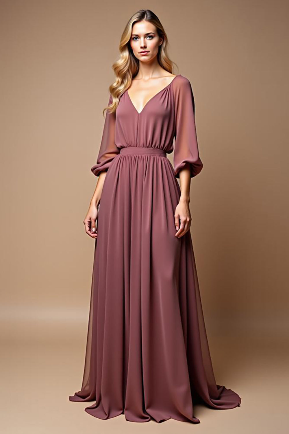 Vestido Vintage Malva Fruncido A Line Medias Mangas Cuello V Gasa Madre de la Novia