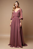 Vestido Vintage Malva Fruncido A Line Medias Mangas Cuello V Gasa Madre de la Novia