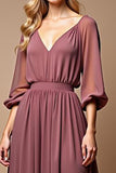 Vestido Vintage Malva Fruncido A Line Medias Mangas Cuello V Gasa Madre de la Novia
