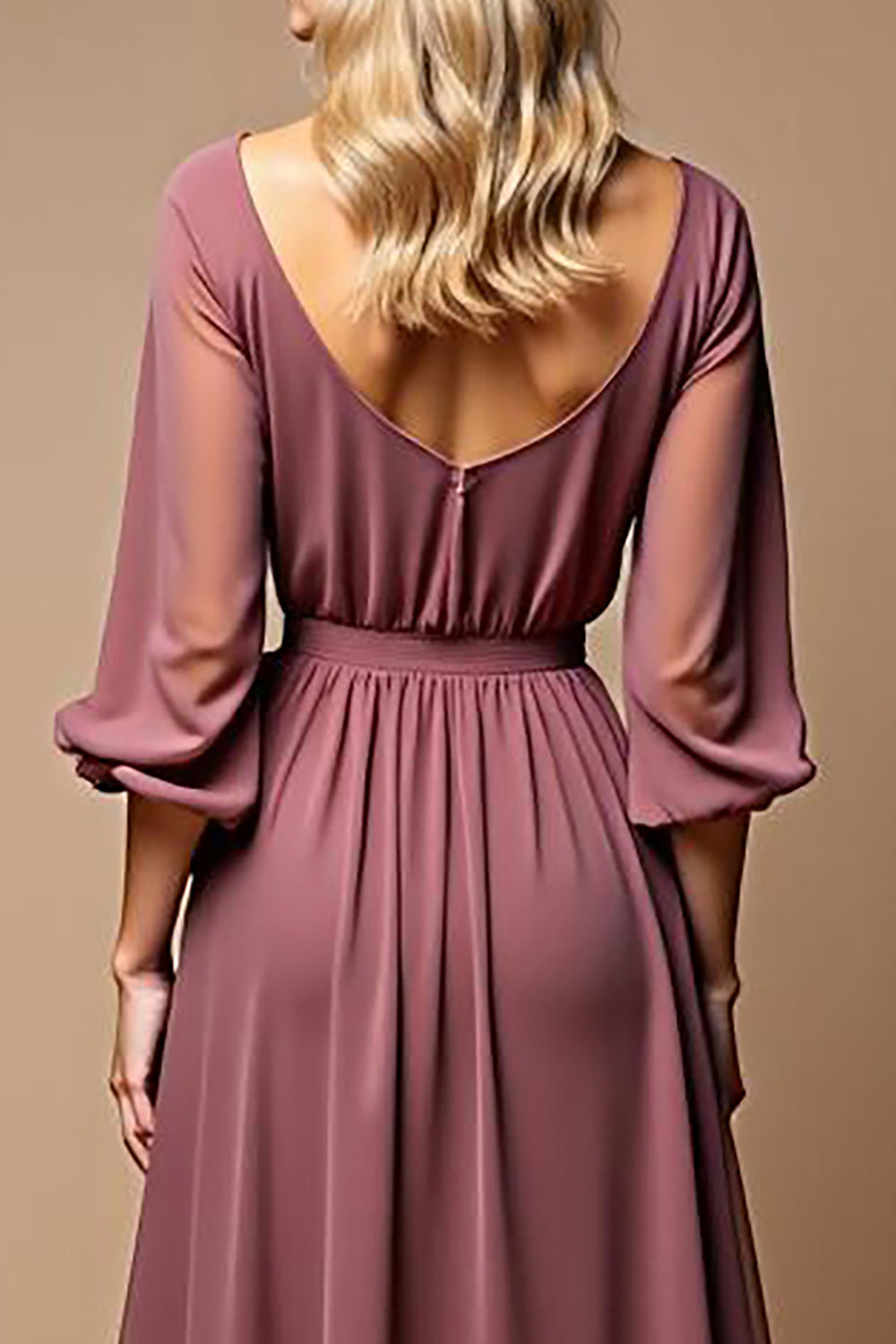 Vestido Vintage Malva Fruncido A Line Medias Mangas Cuello V Gasa Madre de la Novia