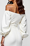 Vestido de graduación de satén blanco con hombros descubiertos y mangas largas