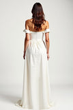 Vestido formal blanco alto-bajo de línea A con hombros descubiertos