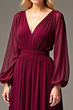 Burdeos Cuello En V Manga Larga Gasa Vestido Largo Madre De La Novia