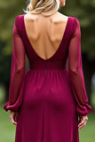 Vestido de gasa de manga larga de manga larga con cuello en V burdeos
