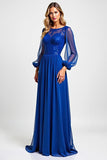 Vestido de lentejuelas de manga larga azul real brillante Madre de la novia