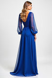 Vestido de lentejuelas de manga larga azul real brillante Madre de la novia