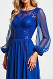 Vestido de lentejuelas de manga larga azul real brillante Madre de la novia