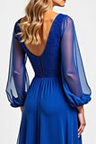 Vestido de lentejuelas de manga larga azul real brillante Madre de la novia