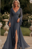 Vestido largo de gasa madre de la novia cruzado sirena gris oscuro de manga larga con volantes