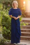 Vaina azul marino Scoop Manga Corta Gasa Vestido Largo Madre de la Novia