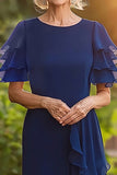Vaina azul marino Scoop Manga Corta Gasa Vestido Largo Madre de la Novia