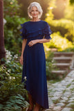 Vaina azul marino con volantes Scoop Vestido largo de gasa madre de la novia
