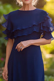 Vaina azul marino con volantes Scoop Vestido largo de gasa madre de la novia