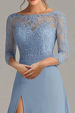 Elegante vestido largo de gasa azul empolvado Madre de la novia con apliques de encaje
