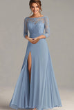 Elegante vestido largo de gasa azul empolvado Madre de la novia con apliques de encaje