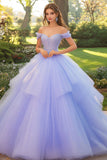 Vestido de bola de hombro off the Shoulder lila Vestido de quinceañera de tul con apliques
