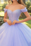 Vestido de bola de hombro off the Shoulder lila Vestido de quinceañera de tul con apliques