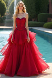 Vestido de fiesta largo con volantes rojo A Line Sweetheart