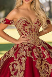 Vestido de Quinceañera de Satén Dorado Rojo Brillante con Apliques