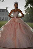Vestido de bola rosa brillante lentejuelas sin tirantes volantes vestido de quinceañera