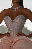 Vestido de bola rosa brillante lentejuelas sin tirantes volantes vestido de quinceañera