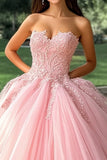 Vestido de gala rosa Vestido largo de quinceañera con apliques sin tirantes