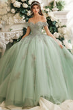 Vestido de Quinceañera de Tul con apliques de encaje Dusty Sage Off The Shoulder