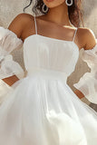 Vestido de graduación corto sin tirantes de gasa blanca sin tirantes de una línea