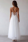 Vestido de compromiso de tul de talla grande con tirantes finos y de talla grande blanca A Line con encaje