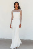 Vestido de graduación de gasa con cuello barco blanco y mangas 3/4