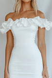 Bodycon Blanco Con Hombros Descubiertos Strapless Volantes Mini Vestido de Graduación