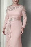 Vestido de Madre de la Novia de manga larga de satén de talla grande de Sheath Blush con volantes